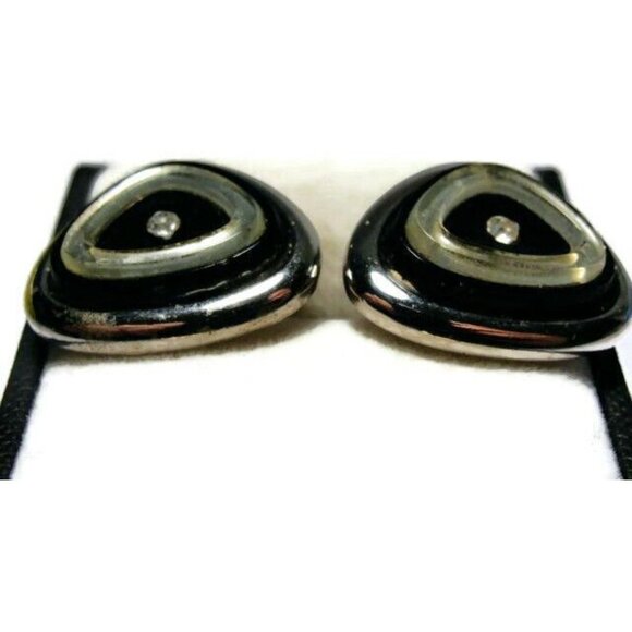 Signed Shields Triangle Black Silver Tone Cufflinks Tux Shirt Dress Suit Vintage - Picture 4 of 10